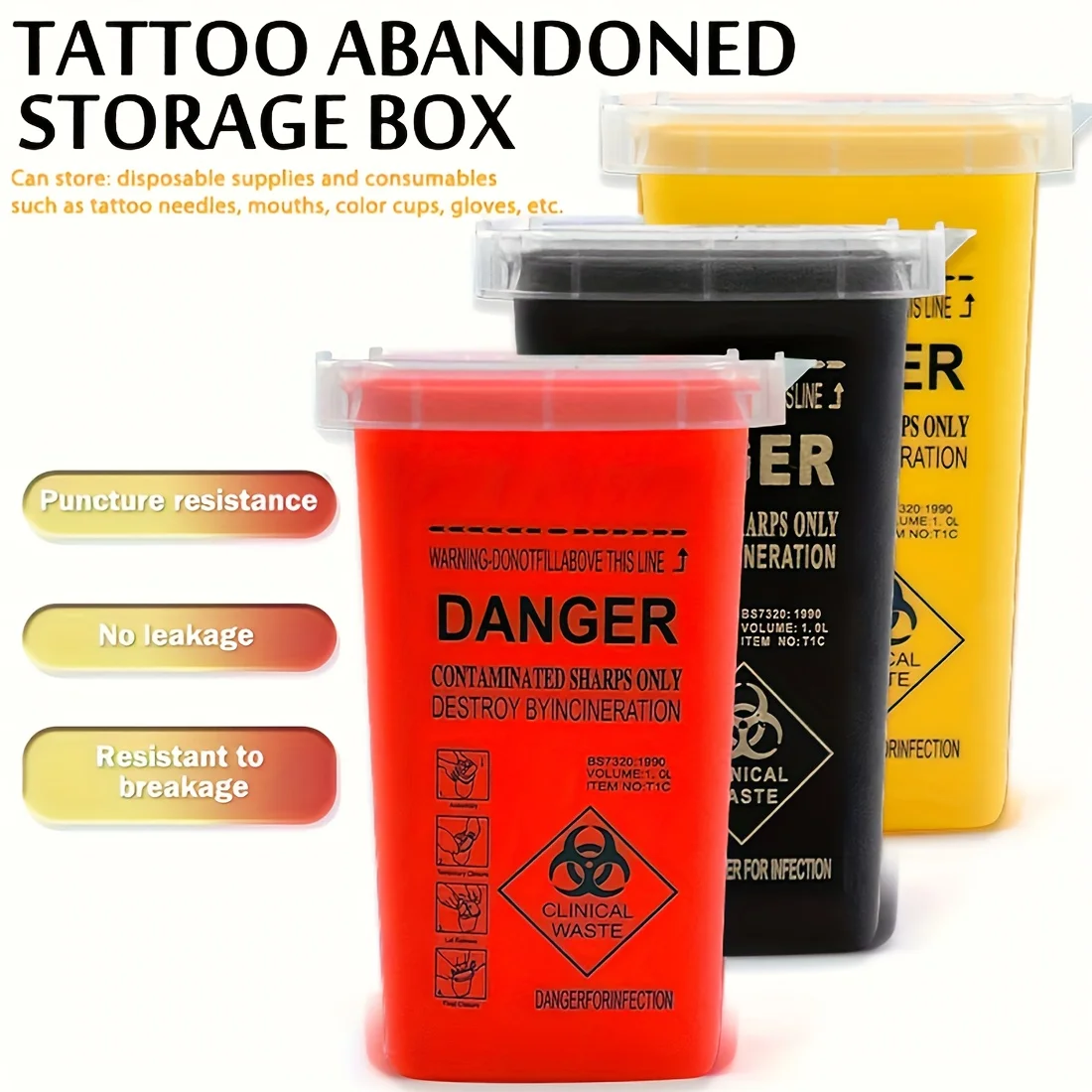 3-Pack Yellow/Black/Red Tattoo Needle Storage Boxes, Needle Storage Containers, Small Portable Travel Containers, Compact Self-Sealing Marking Storage Boxes, Suitable for Collecting Tattoo and Salon Waste, Tattoo Accessories for Handling Needles and Syringes, Compact and Portable, with Built-In Needle Removal Port, Temporary Safety Closure Device, Transparent Lid, Ideal for Home, Travel, and Professional Use.