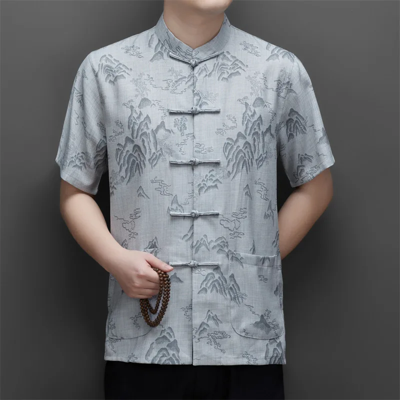 Zen Masterpiece Men's Shirt Hand-Painted Landscape Ink Print & Modern Knot Buttons Design Tunic Summer Tops Gray Beige Navy