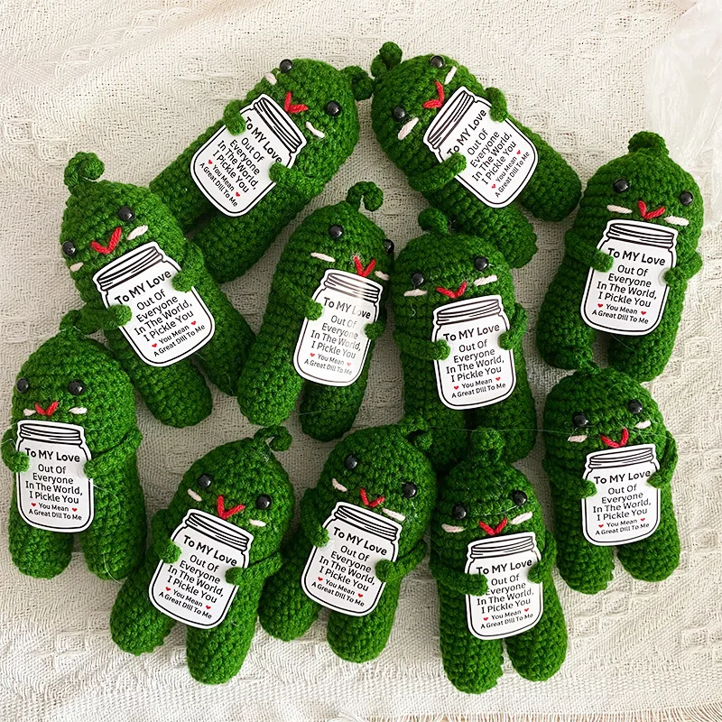 Funny Crochet Emotional Support Pickle Doll With Card Desktop Ornament Handmade Knitted Pickle Dolls Christmas Gifts Home Decor