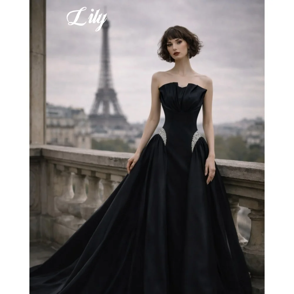 

Lily Elegant Black Prom Dress Strapless Pleated Satin Evening Gown with Rhinestone A-Line Formal Party Dress Colors Customized