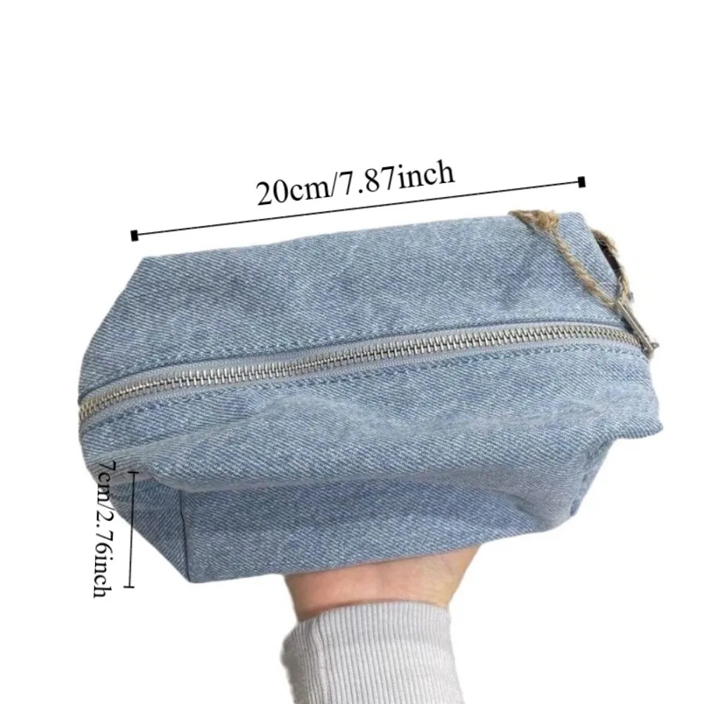 الصلبة اللون الأزرق الدنيم حقيبة مستحضرات تجميل الكورية نمط السفر المنظم جان حقائب مستحضرات التجميل مستطيل خمر القرطاسية حقيبة التخزين #6