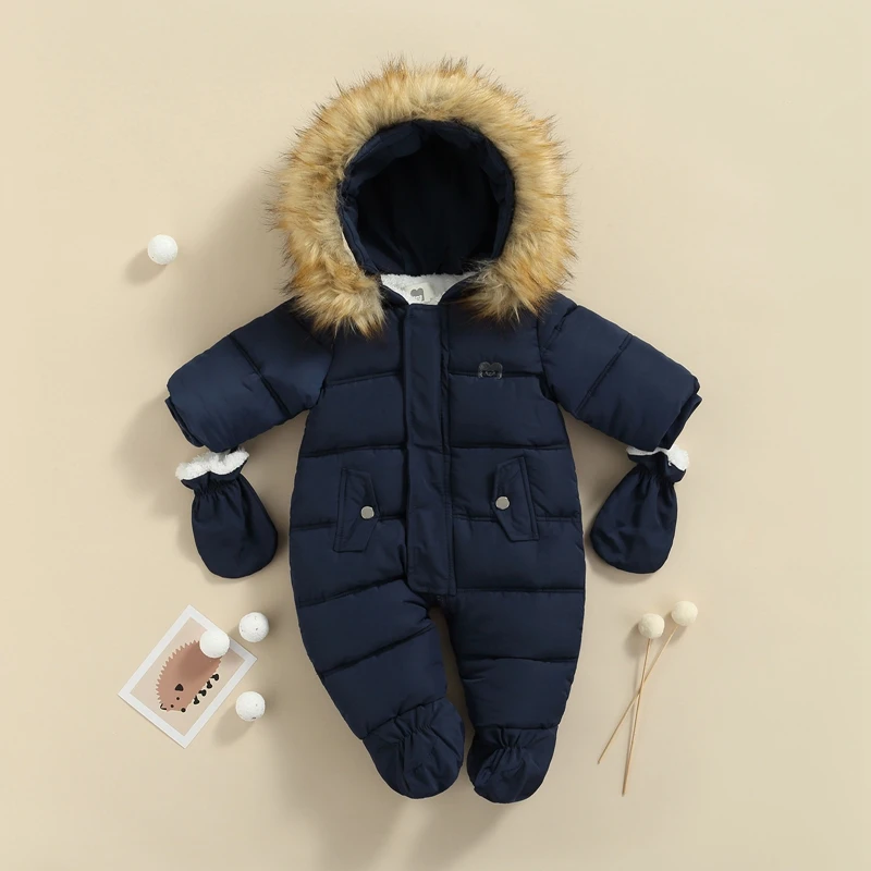 Toddler Fleece-lined Snowsuit with Detachable Mittens and Booties Infant Winter Coat Hooded Puffer Jacket Footie Jumpsuit for