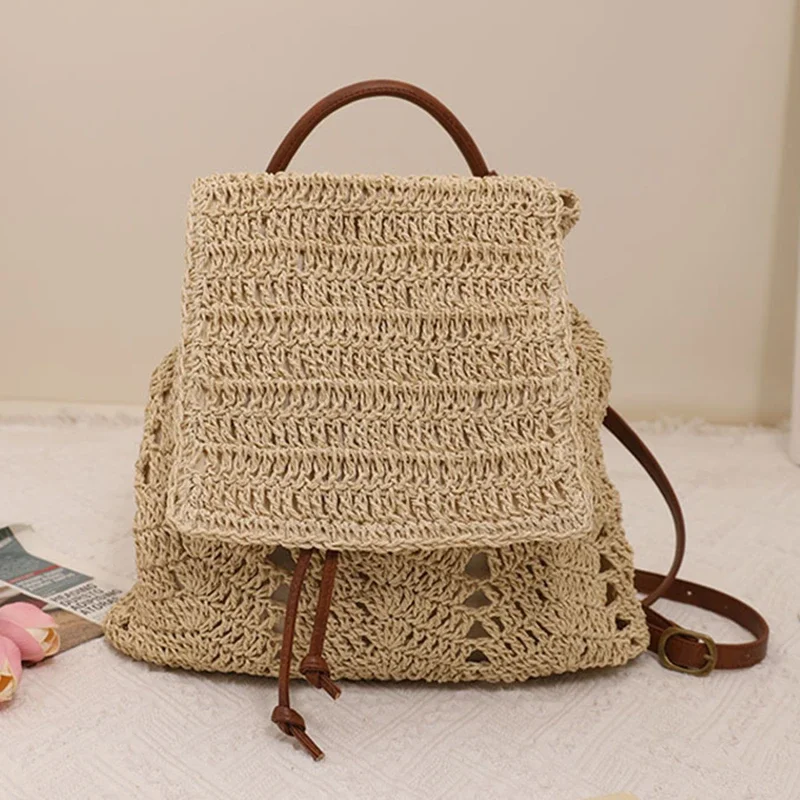 Women\'s Straw Backpack Summer Boho Bohemian Hollow Shoulder Bag Hobo Crochet Woven Travel Bags for Women Knitted Beach Back Pack