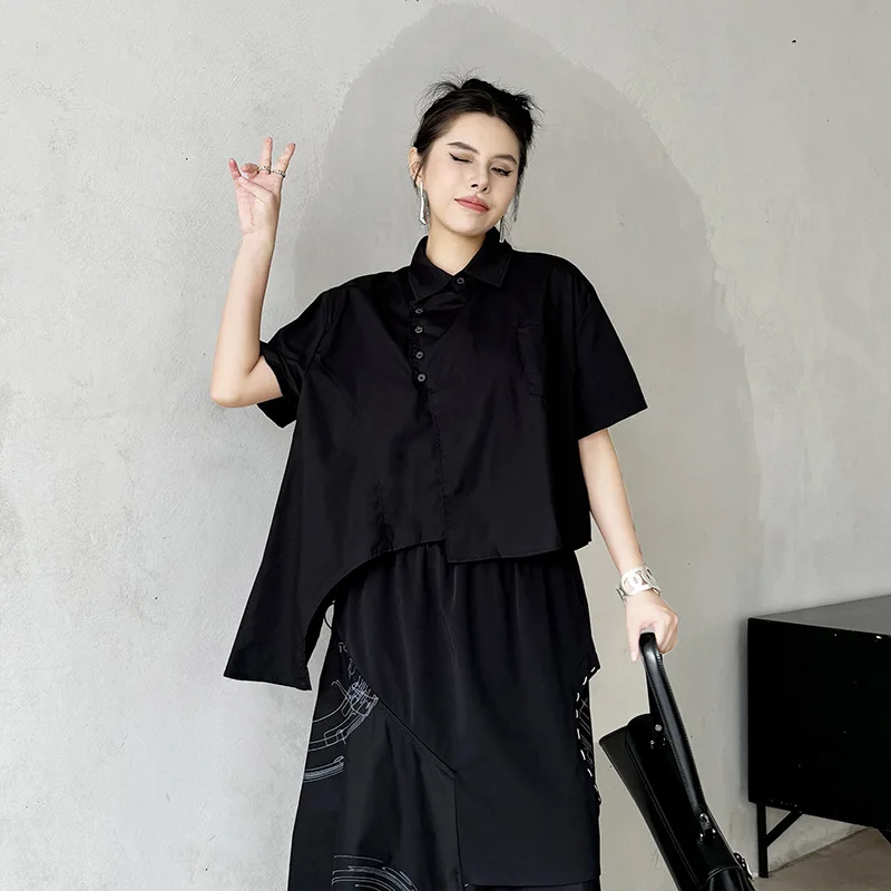 Chinese Style Button Up Irregular Short Sleeved Shirt 2024 Summer New Loose Versatile Minimalist Top LX1501