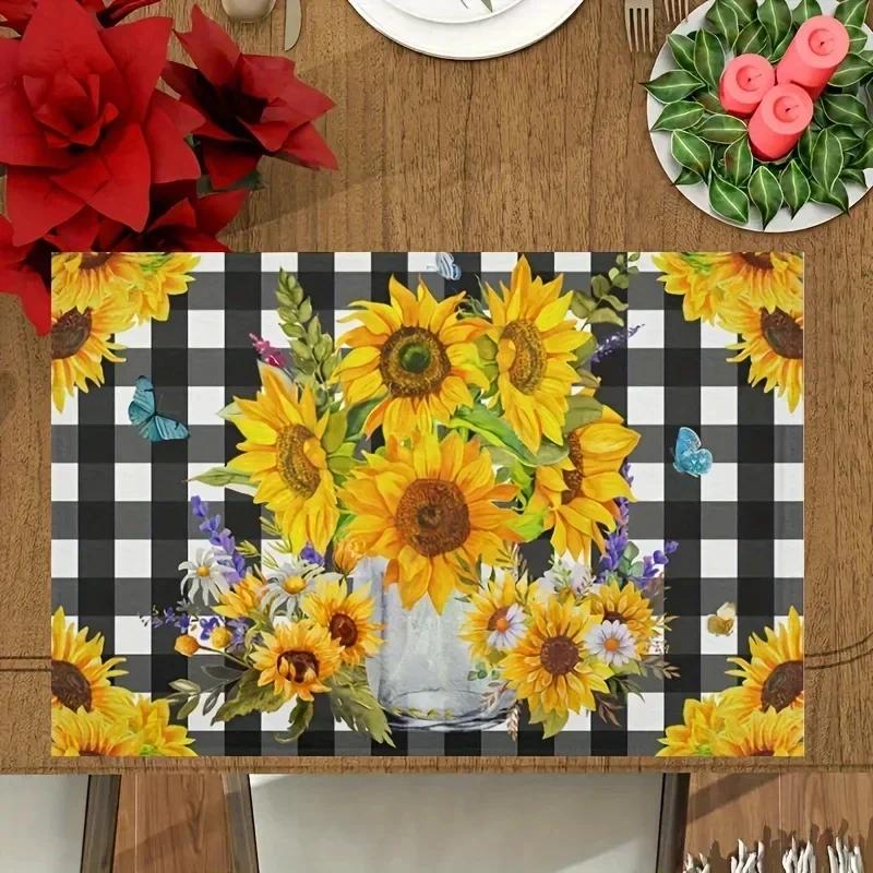 4/6/pcs Sunflower Linen Placemats Checked Plaid Summer Floral Washable Place Mats Tablemats Kitchen Dining Table Home Decoration