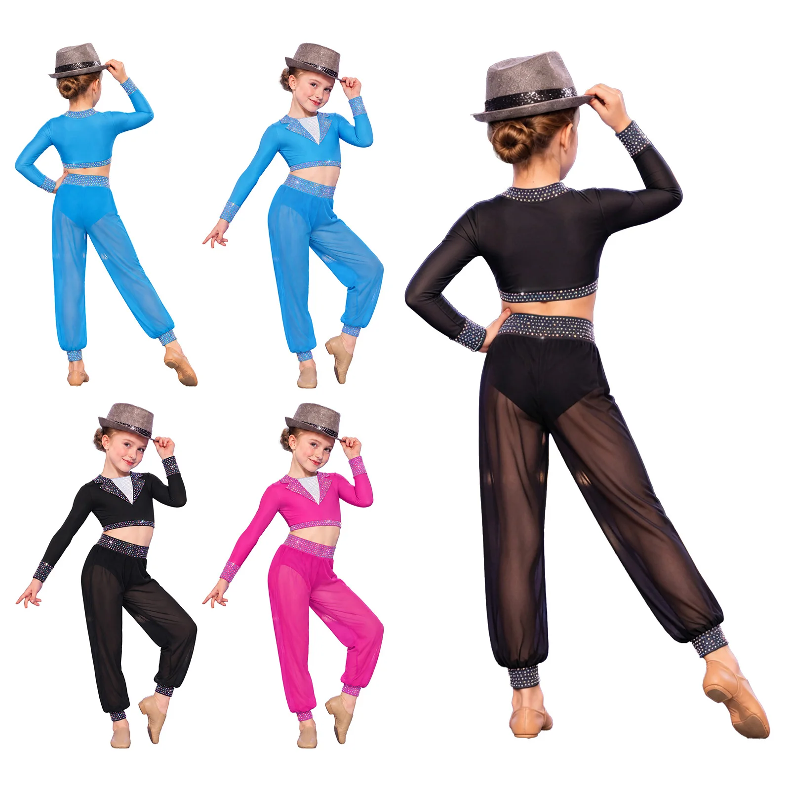 Belly Dancewear Girls Modern Lyrical Dance Outfit Crop Tops with Pants Built-in Briefs Gymnastics Ballet Acrobatics Clothes Suit