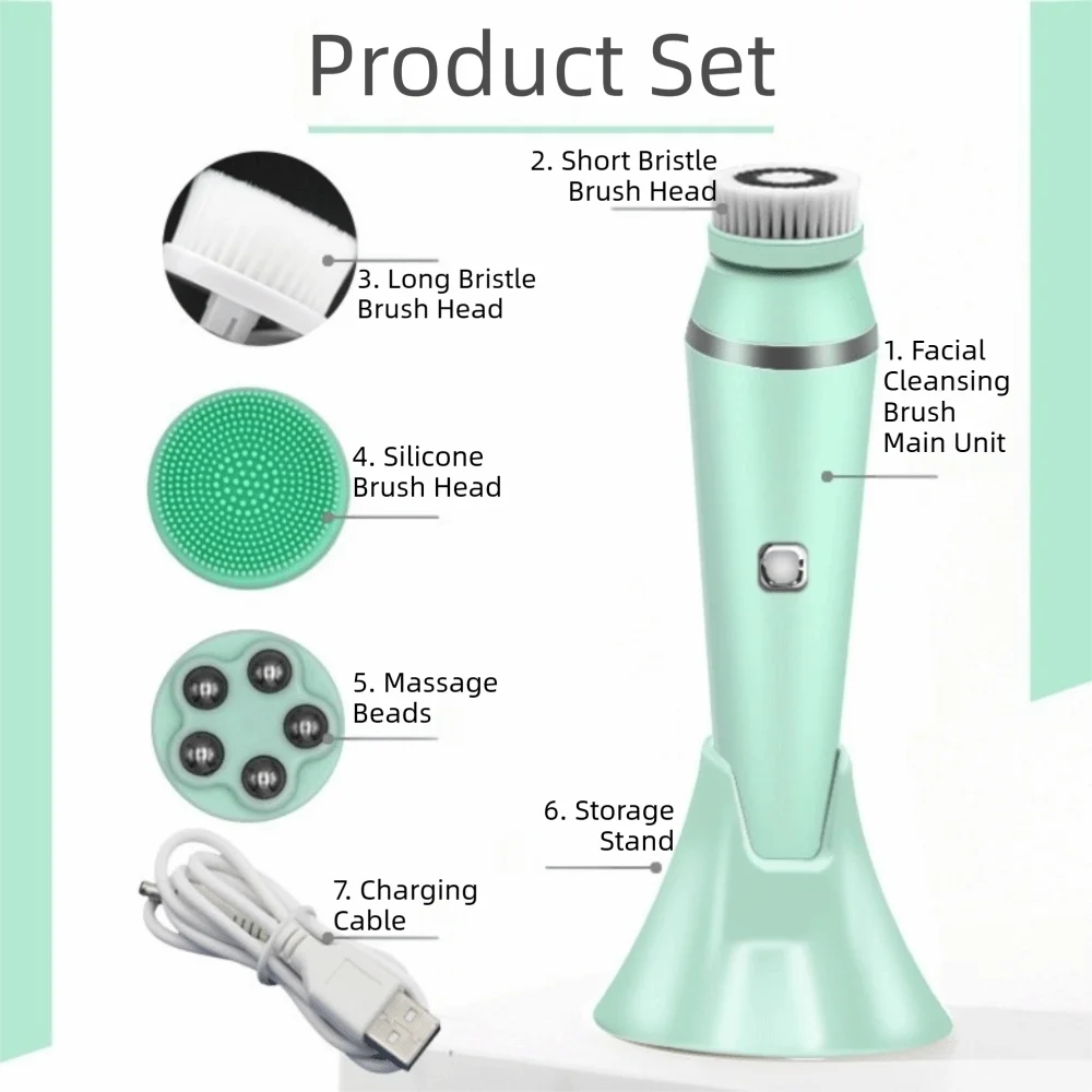 Silicone Electric Facial Cleansing Brush USB Recharge 4 Replaceable Brush Heads Face Cleansing Device Ultrasonic Deep Cleaning