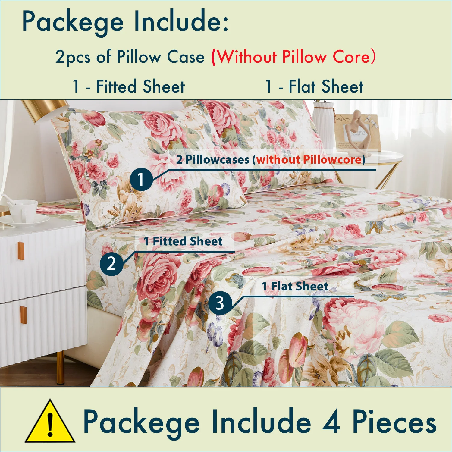 4pcs 600 TC 100% Egyptian Cotton Fitted Sheet Set (Without Core), Vintage Country Garden Floral Print, Soft And Skin-friendly