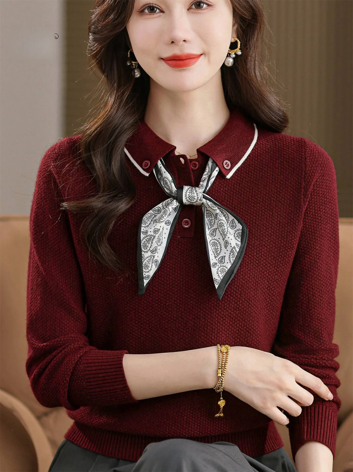 

Faionable Flip-Collar Base irt Loose Casual Slimming Top for Young Mothers Middle-Aged Women Spring Autumn New Sle