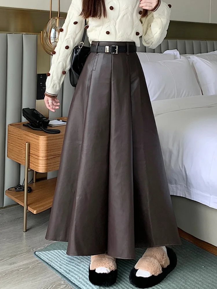กระโปรงหนัง PU เอวสูงทรงเอ ยาวระดับกลาง สำหรับผู้หญิง สไตล์เกาหลี เหมาะสำหรับใส่ไปทำงาน ฤดูใบไม้ผลิ