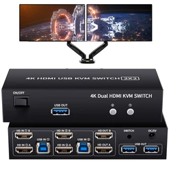 デュアルモニターHDMIkvmスイッチ,2モニター,USB共有,kvmスイッチ,2コンピューター,USB 3.0, 2.0,4k60hz延長信号