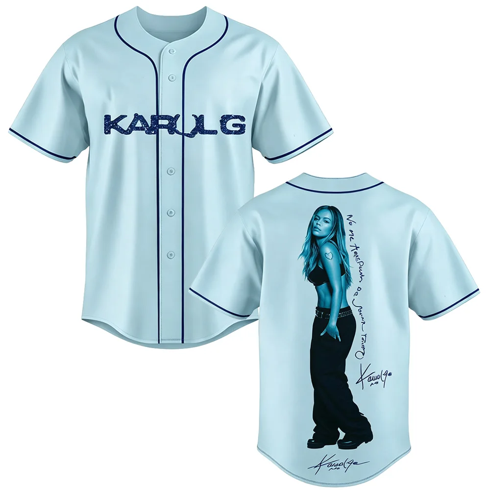 Karol G Album Signature Light Blue Baseball Jersey Fashion Versatile Casual Streetwear Summer Unisex Short Sleeve Y2K Mesh Shirt