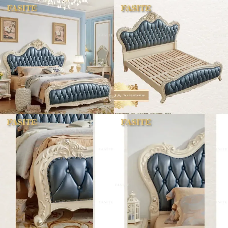 For French Luxury Classic Leather Bedroom Twin Princess Bed European Modern Design Carved Wood Frame Wedding