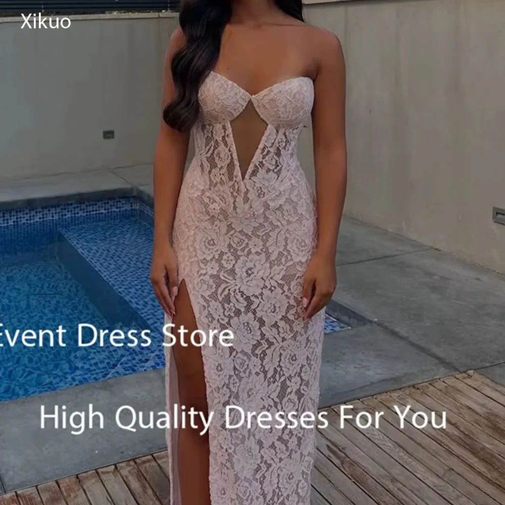 

Xikuo Illusion Розовые кружевные вечерние платья с вырезами Милые платья для выпускного вечера Аппликации с высоким боковым разрезом Сексуальный халат De Soirée по индивидуальному заказу