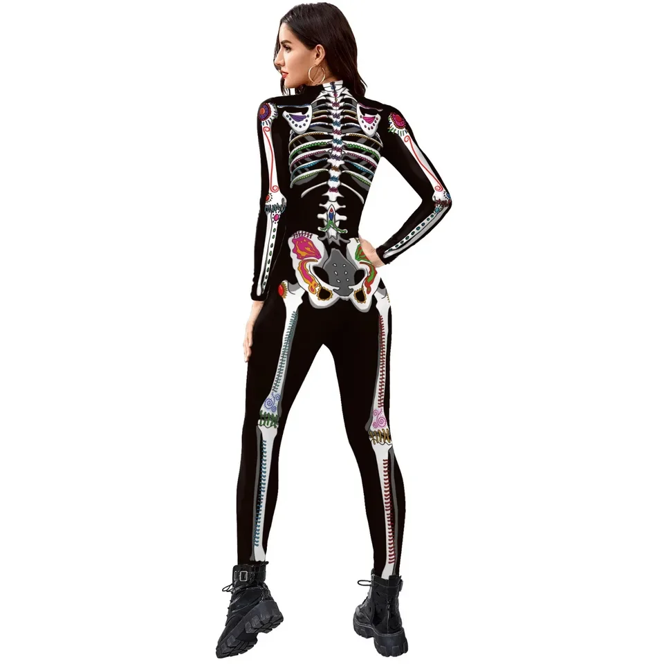 

2025 New Womens Halloween 3D Print Costume Bone Skinny Catsuit Jumpsuit