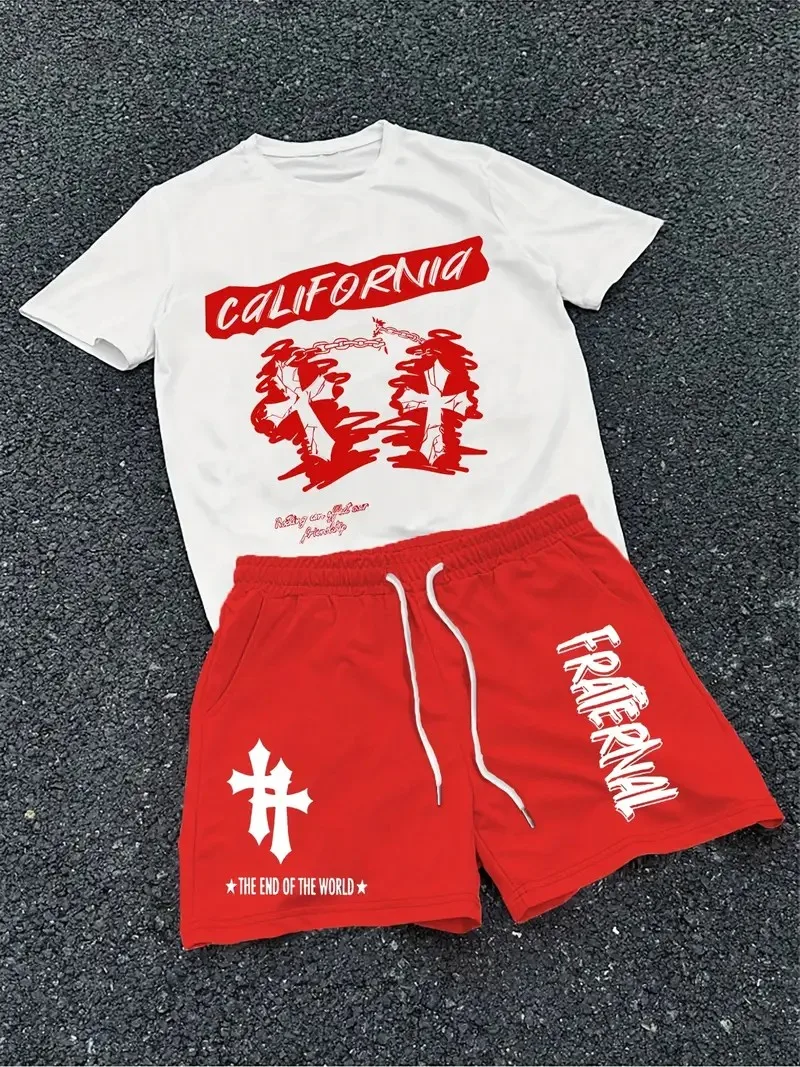 

The 2026 Summer New Men's Set Features Street Hip-Hop Casual Fashionable Comfortable And Soft 3D Cross Pattern Print