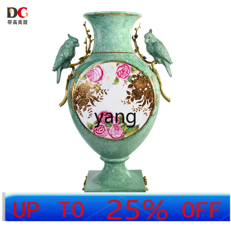 LH ceramic inlaid copper parrot hand-painted peony vase decoration