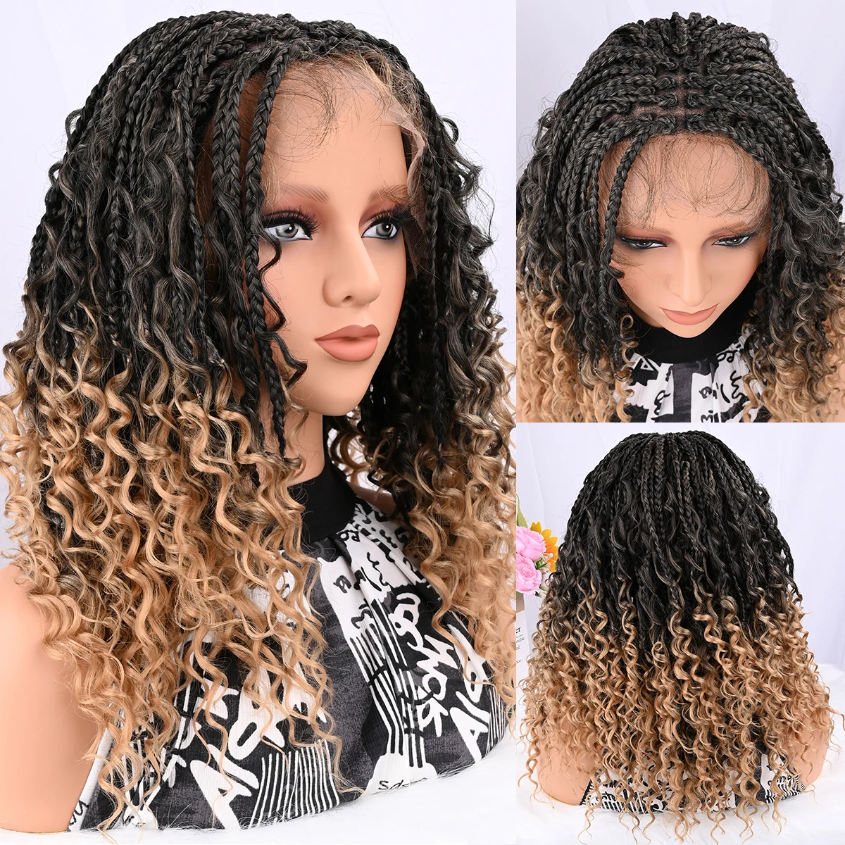 

Short Boho Bohemian Box Braids Braided Wig Full Lace Boho Braided Wigs Synthetic Curly Hair with Baby Hair for Black Women