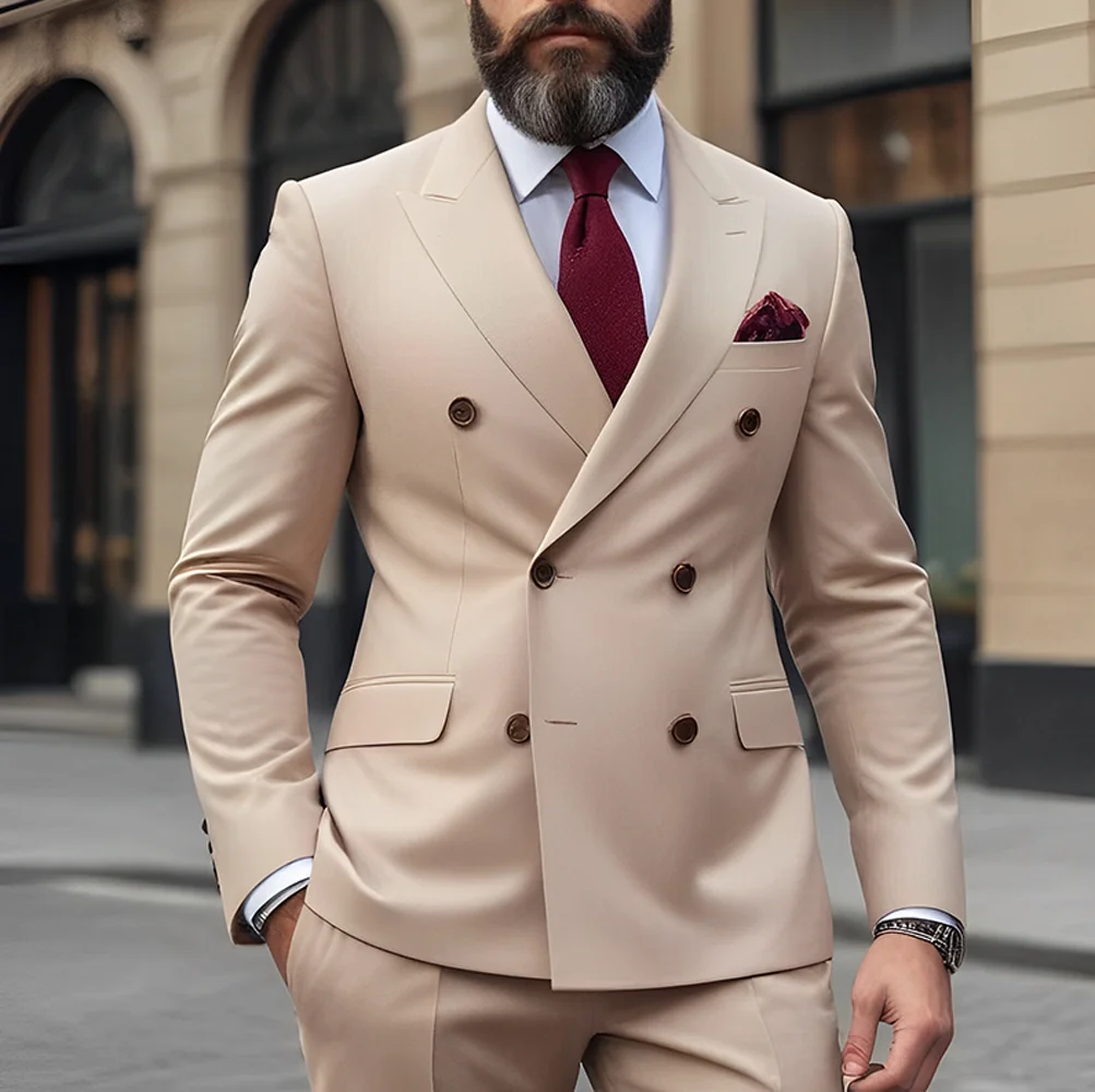 

Khaki Men's Suit 2-piece Set Double-breasted Blazer Peak Lapel Jacket Pants Wedding Groom Tuxedo Party Business Work Clothes