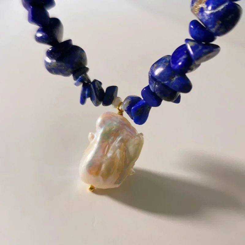 Natürliche unregelmäßige Stein Lapislazuli Barock Perle Anhänger Hals reifen Halskette für Frauen ot Schnalle Böhmen Party Modeschmuck