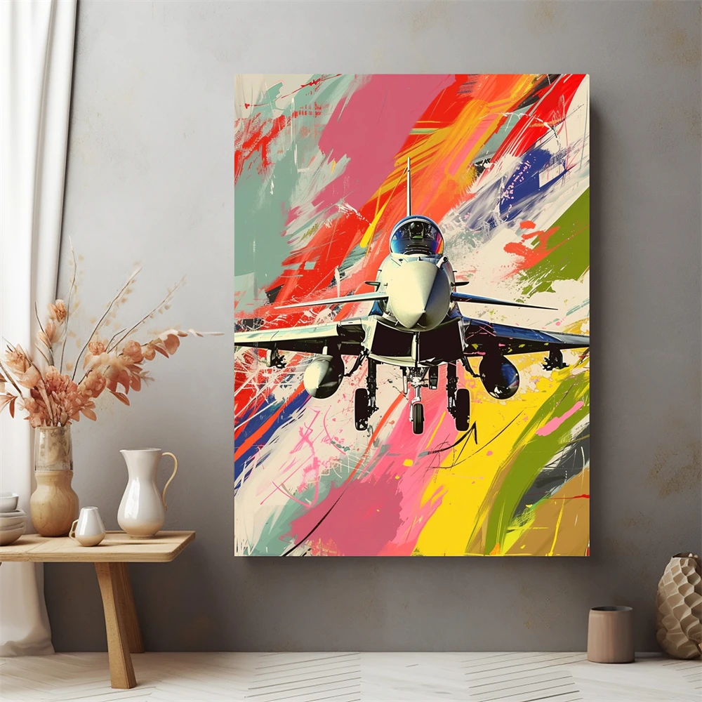 Vintage Fighter Jet Canvas Painting Pop Art Aviation Artwork Poster Comic Style Military Plane Wall Art Office Decor