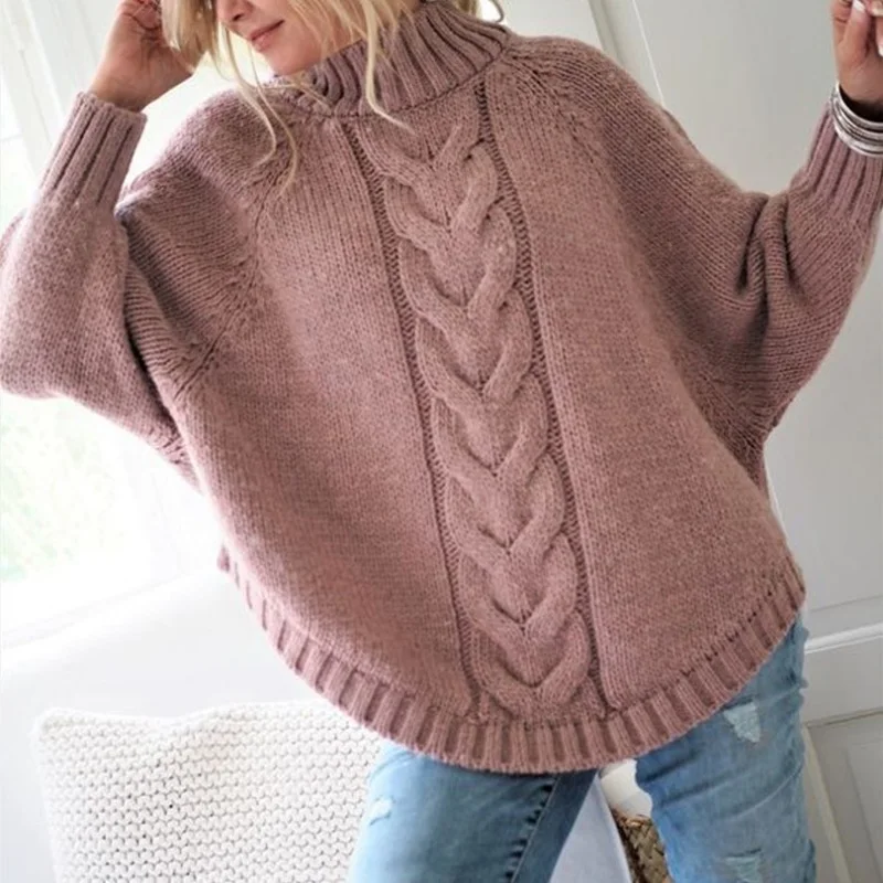 Autumn Winter Ladies Thick Warm Sweater Loose Casual Female Women Soid Batwing Sleeve Knitted Sweater Turtleneck Pullover Tops