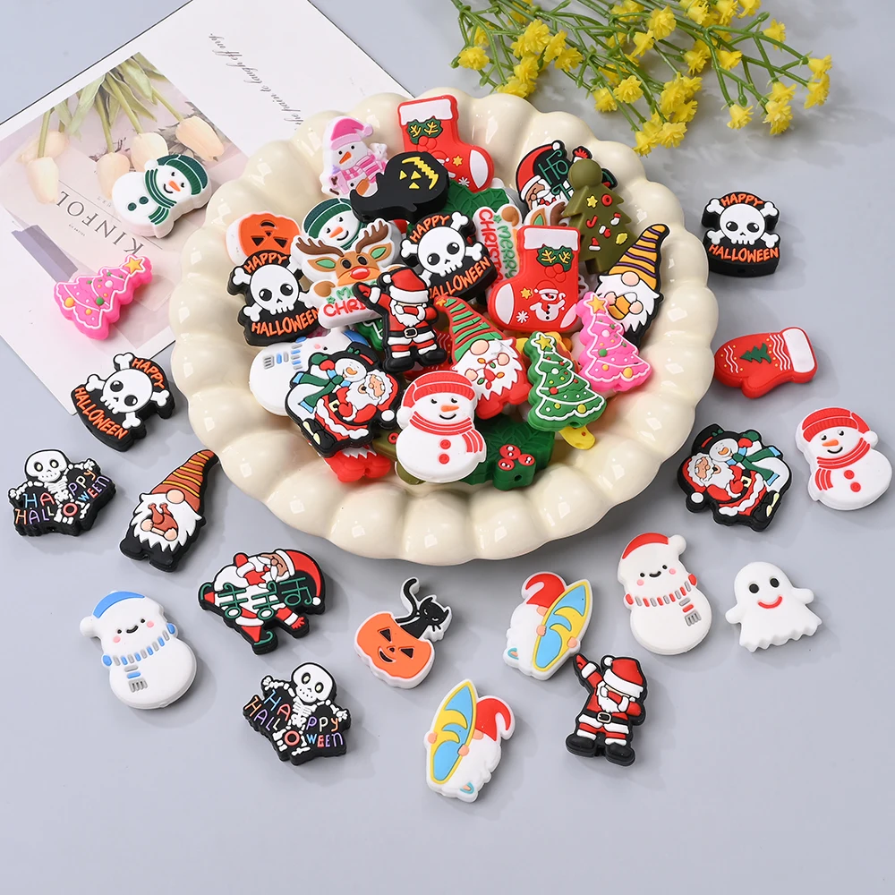 

5pcs Christmas Series Silicone Beads Random Style Loose Beads For Baby Pacifier Chain DIY Handmade Jewelry Making Accessories