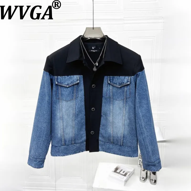 

WVGA Spring Autumn New Men's Tide High Street Denim Jackets Trendy Patchwork Turn-Down Collar Niche Chic Casual Coats Ins W12309