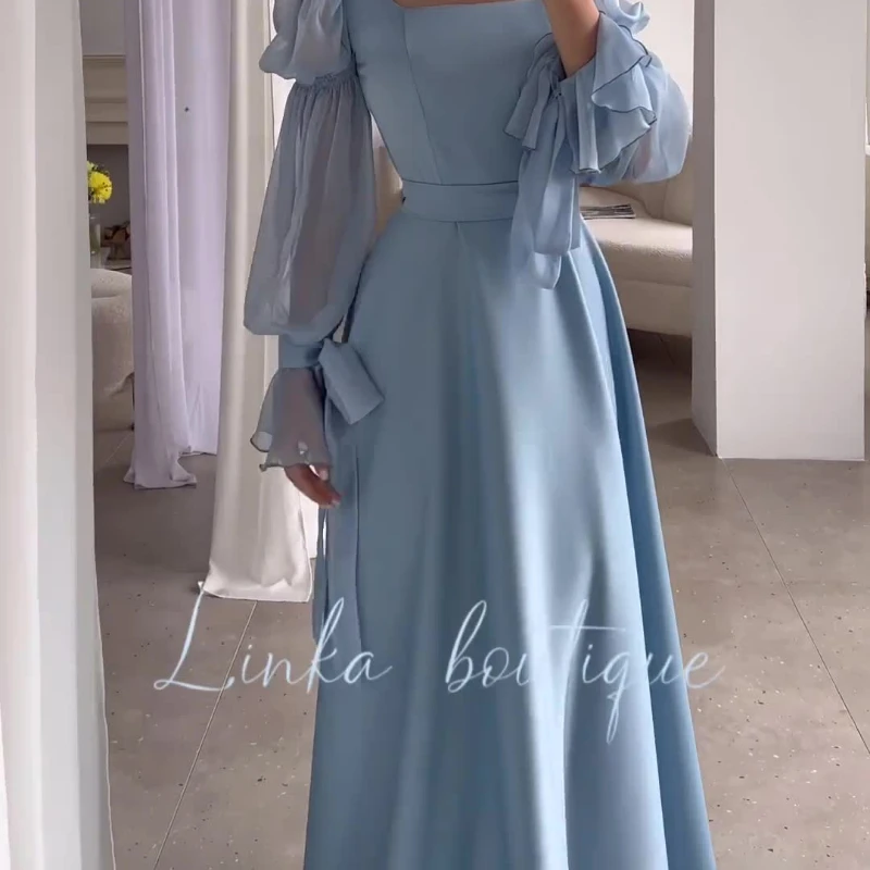 Sky Blue Women Evening Dresses Long Sleeve Silk Satin A Line Formal Prom Dress Floor Length Evening Party Gowns with Belt