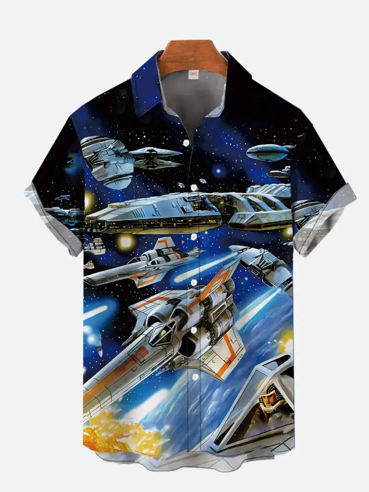 Men's Space Fighter Spaceship Galaxy Print Short Sleeve Shirt, Lapel Button‑Down Casual Blouse, Universe Star Tops,