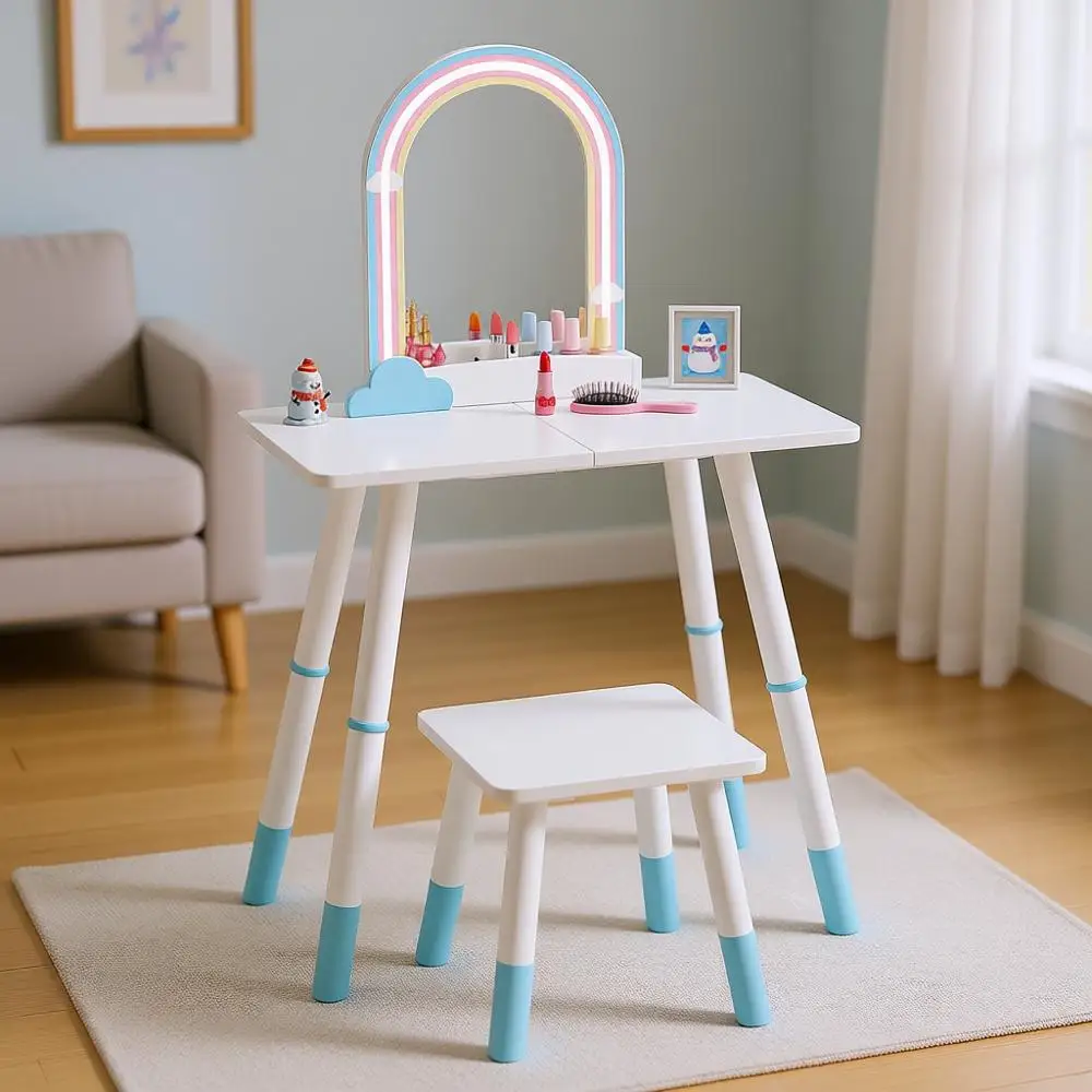 

Children's Vanity Table and Chair Set with Lights, Makeup Desk for Girls with Stool and Storage