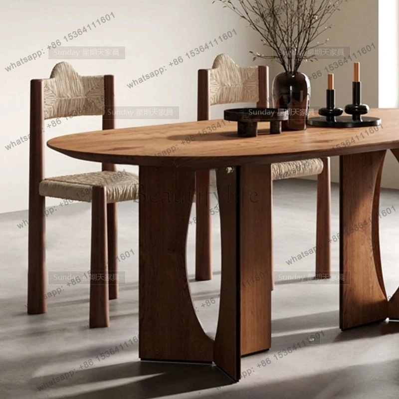 yj32 Solid wood wabi-sabi style log dining table vintage home oval used pre-fashioned dining table