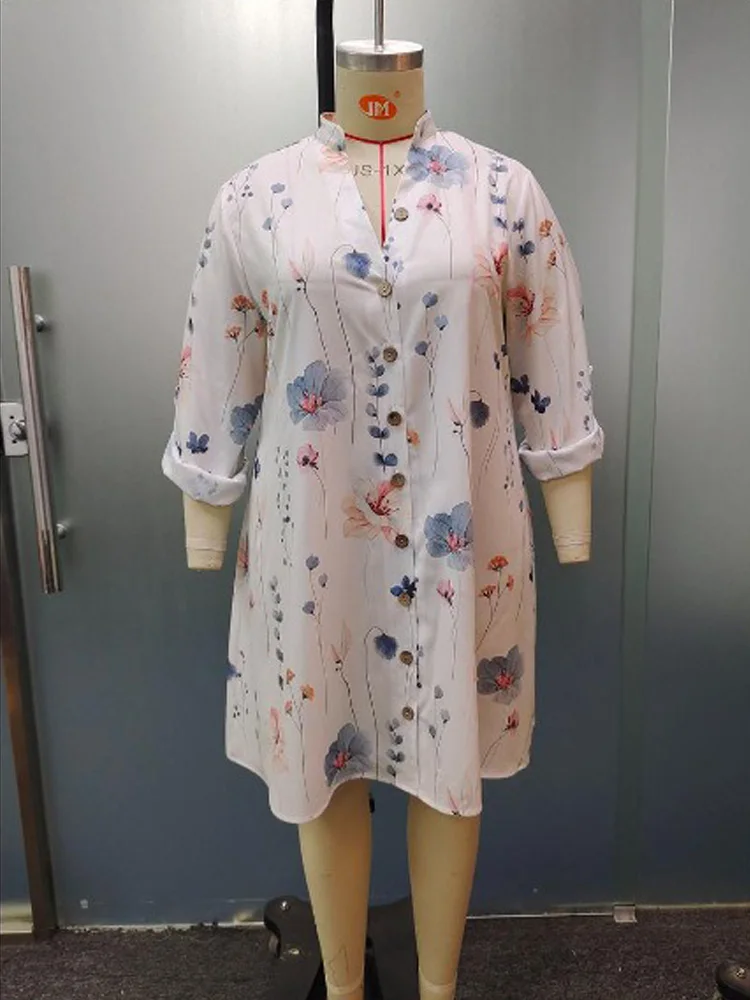 GIBSIE Plus Size Floral Print Button Women Shirt Dress Wiosna i jesień Długi rękaw Luźne Casualowe Mini Sukienki A-line 2024 Nowość