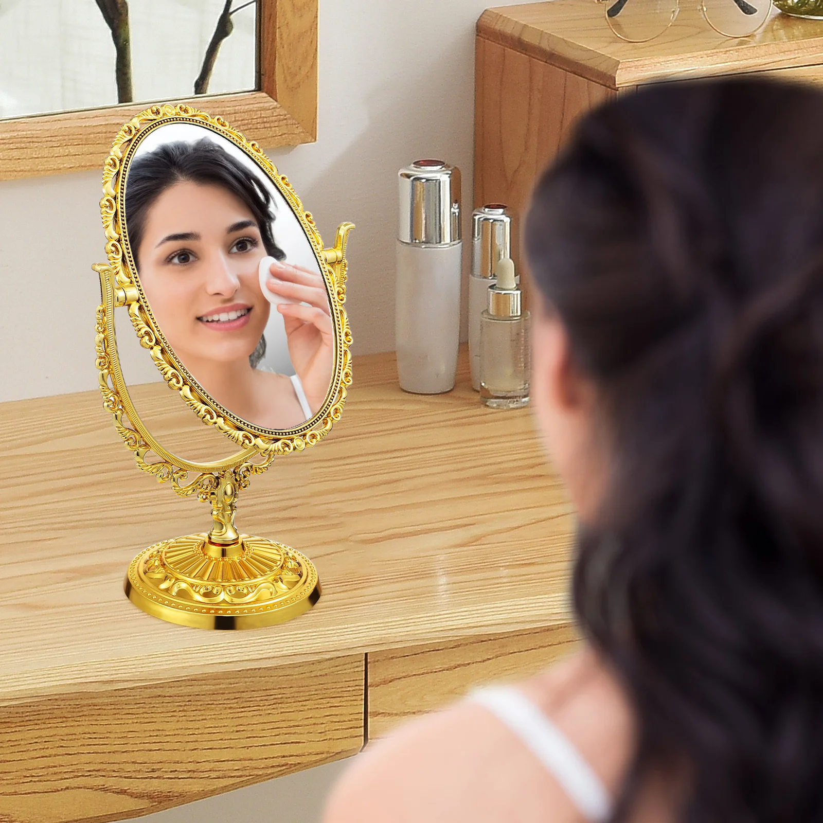 Espejo de maquillaje ovalado giratorio de doble cara, espejo de tocador de escritorio de estilo Vintage, espejos giratorios de mesa para dormitorio