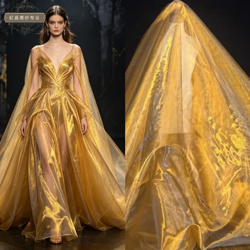 3 Meters Gold Silk Jade Dew Crystal Shimmer Tulle Gradient Dual - Color Hazy Reflective Fabric for DIY Wedding Dress Design