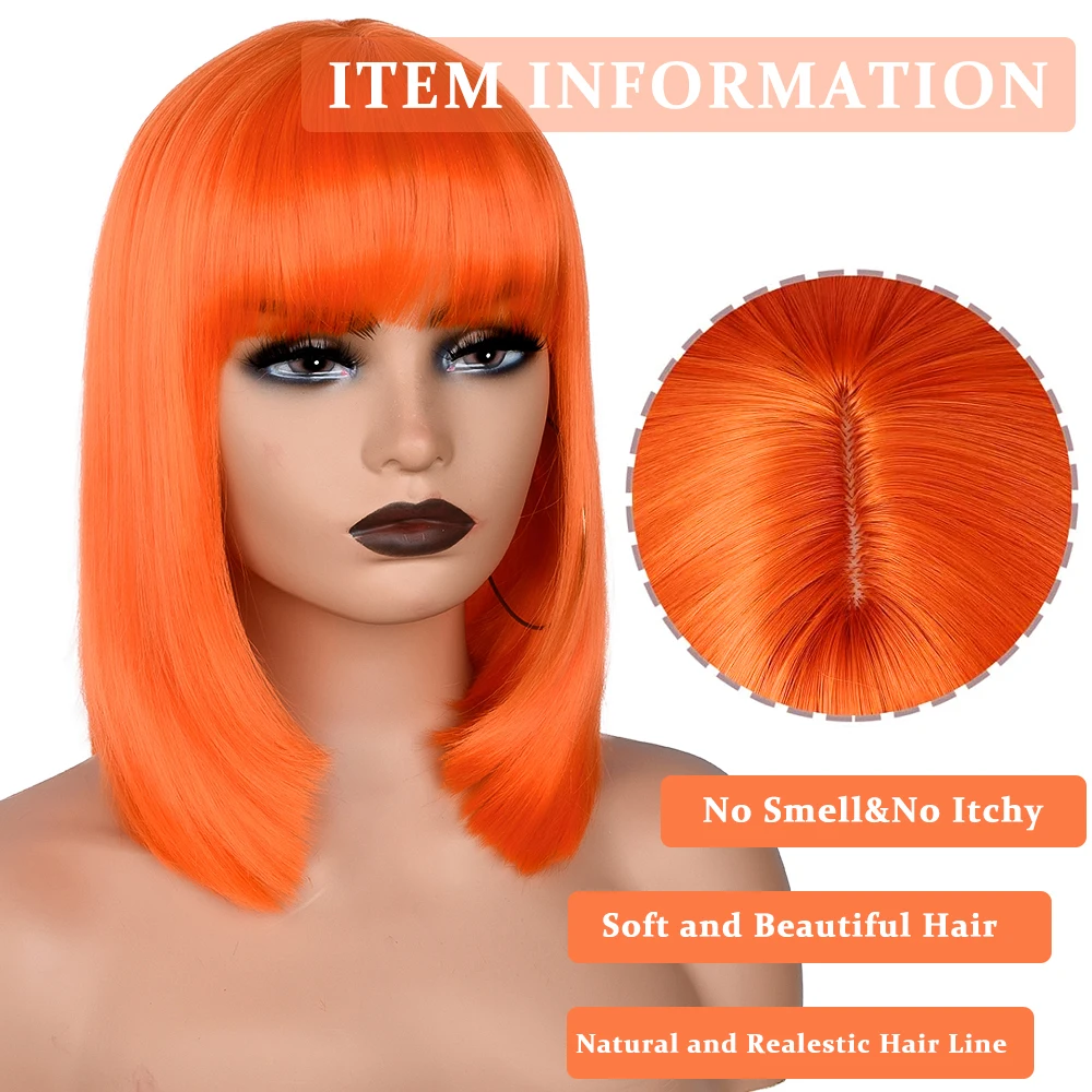 Short Bob Wigs with Bangs Synthetic Straight Bob Wigs for Women Heat Resistant Colorful Halloween Bob Wigs for Daily Party