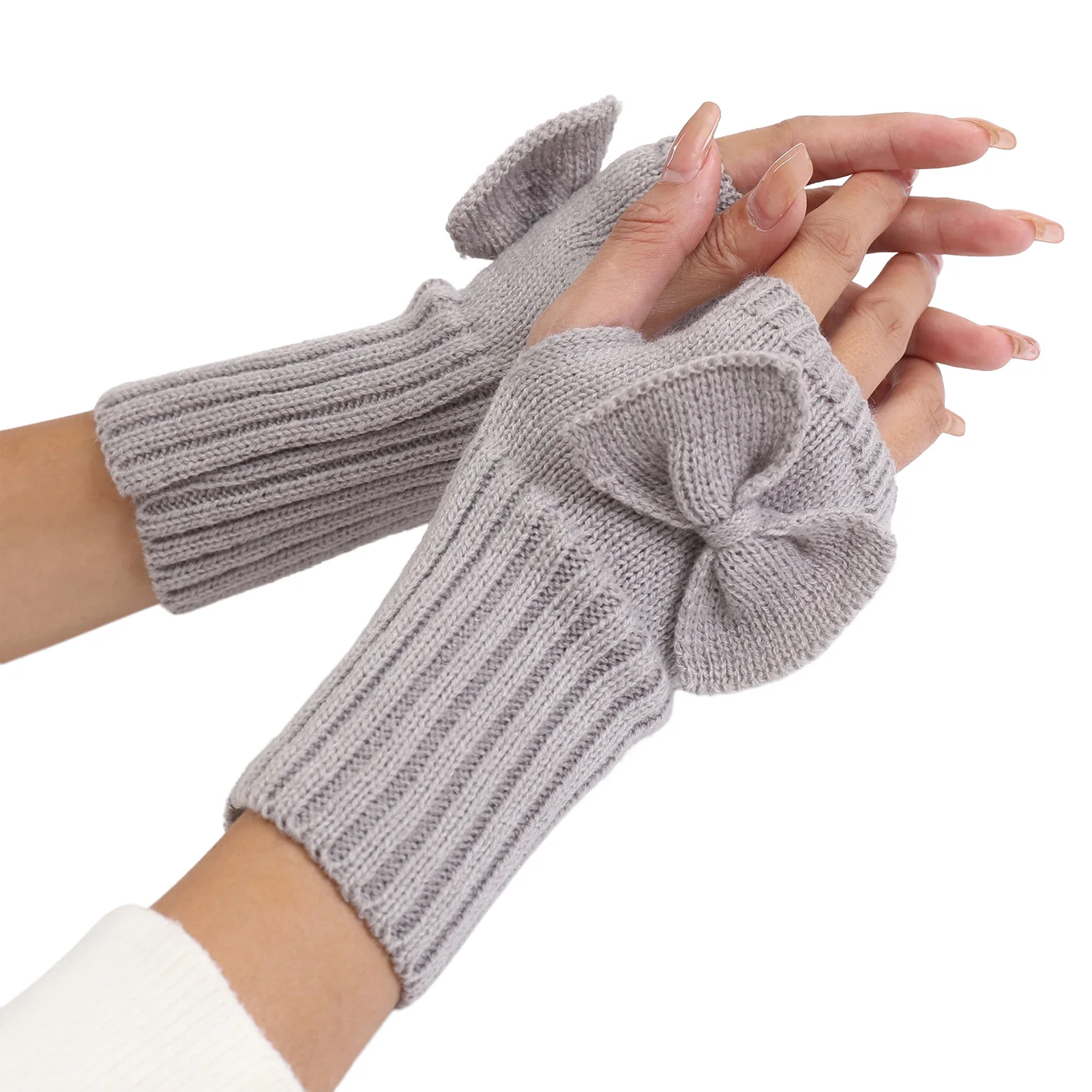 Fingerless Gloves Knitted Thermal Wrist Warmers Bowknot Design for Winter Cold Weather Typing Texting Outdoor Activities Soft
