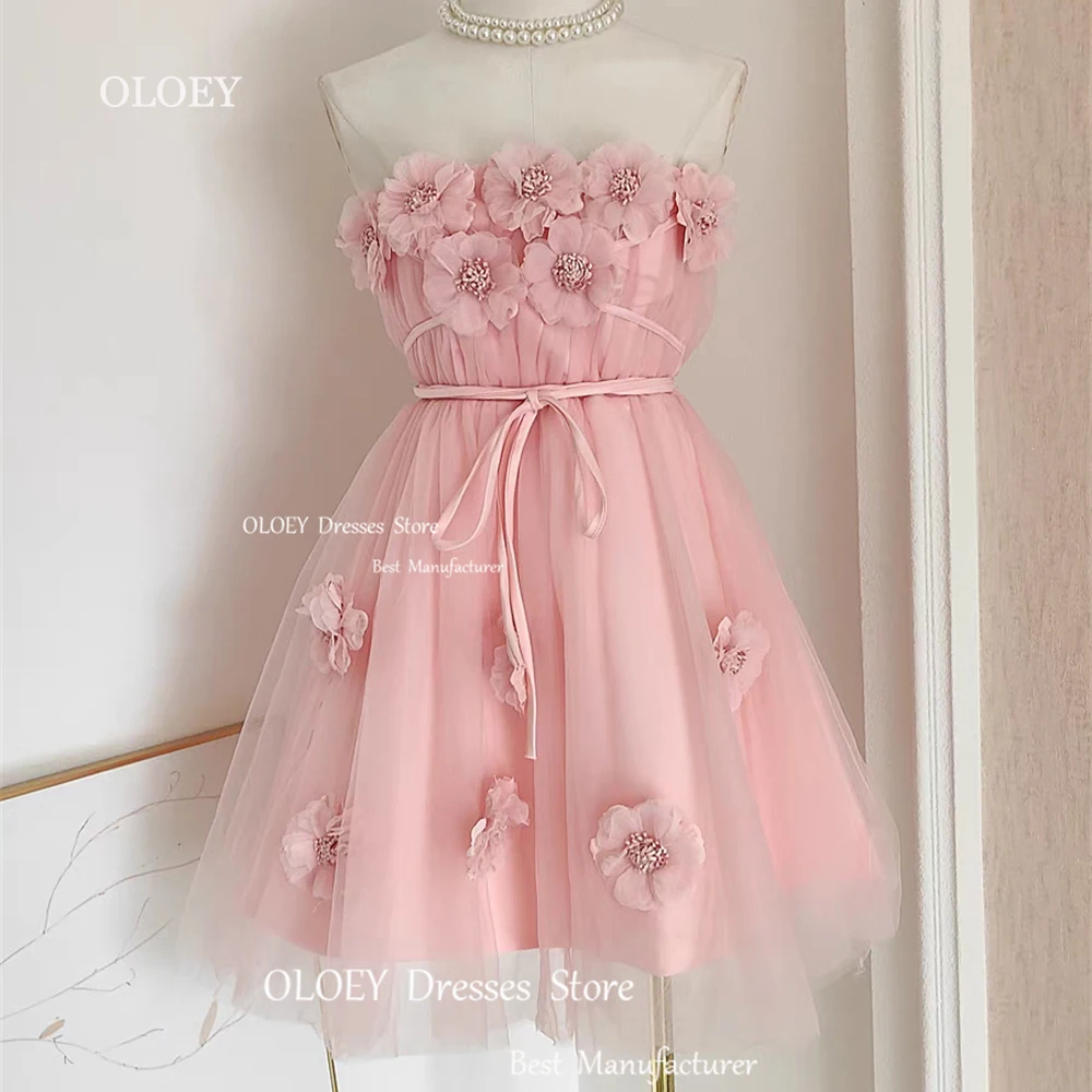 OLOEY 3d Flowers Pink Mini Prom Cocktail Dresses Strapless Women Wedding Party Dress Summer Beach Dress Silky Tulle Custom Made