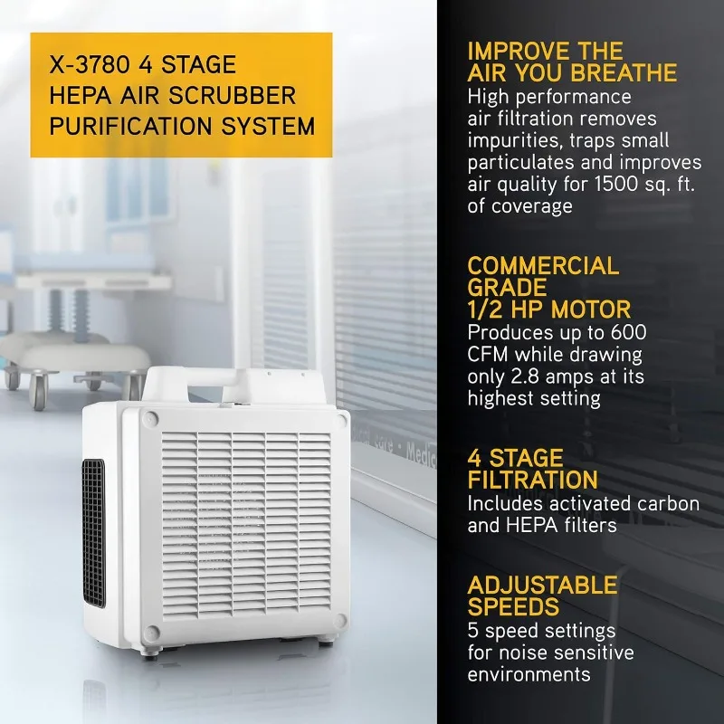 4-Stage Carbon Filter for Odor Elimination & D,r X-3780 HEPA Air Purifier & Scrubber for Home, Commercial & Industrial Use