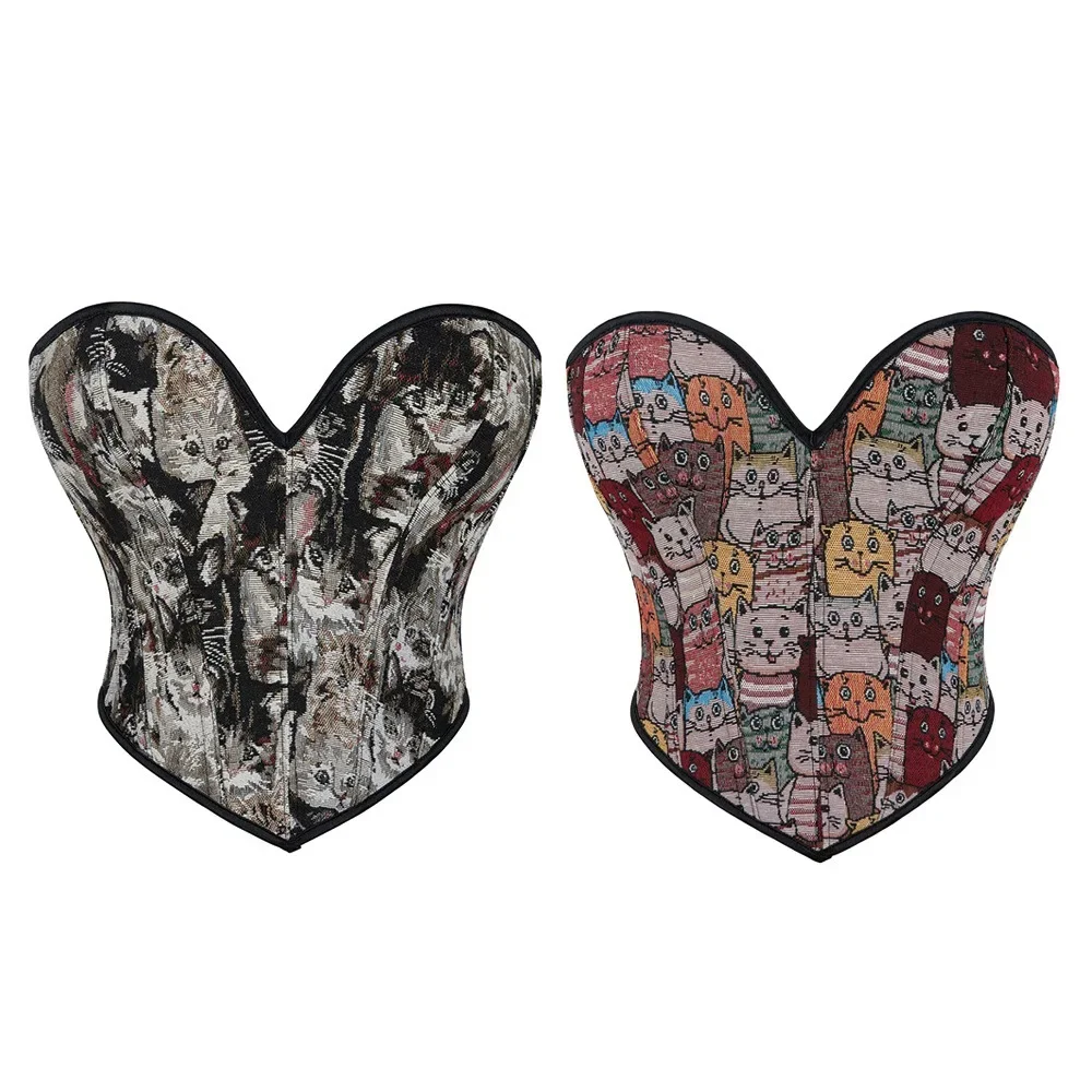 

Женский сексуальный корсет без бретелек, цветной корсет с милым котом, серый готический короткий корсет, нижнее белье