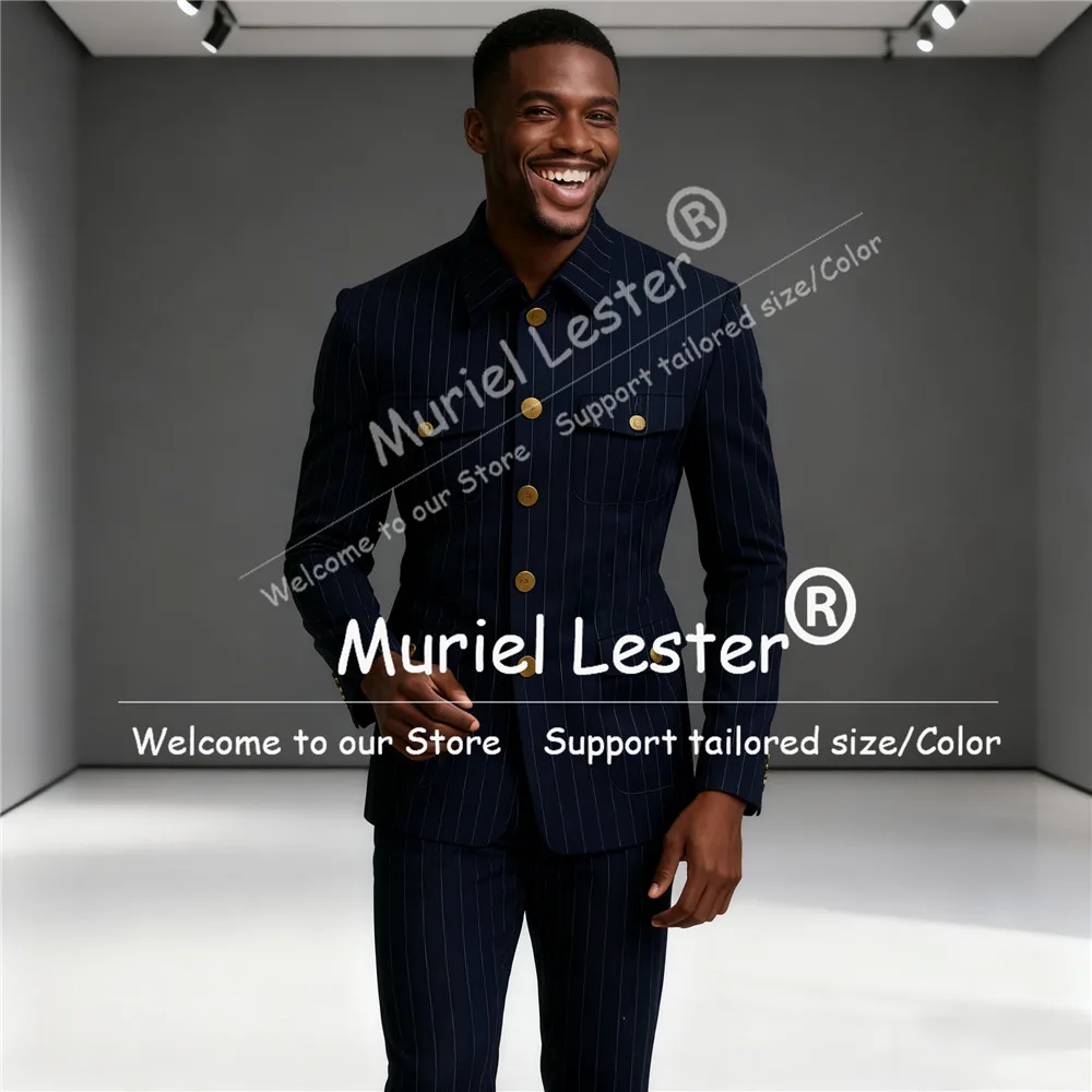 

Классический костюм в полоску для мужчин, однобортный пиджак, брюки, комплект из 2 предметов, пиджаки для выпускного с воротником-стойкой, индивидуальные смокинги для жениха