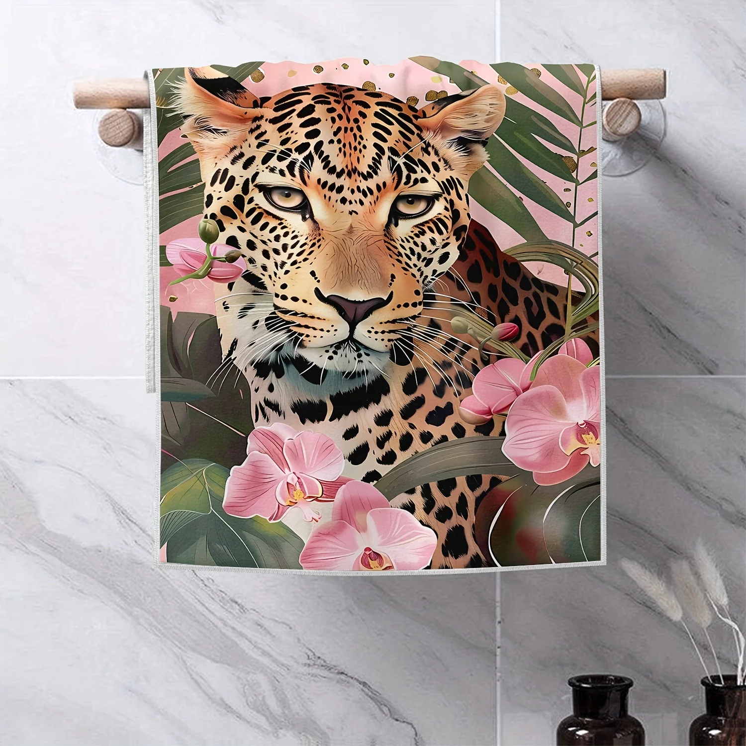 Two-piece set featuring vibrant leopard print and tropical floral patterns, suitable for kitchen and bathroom towel decoration