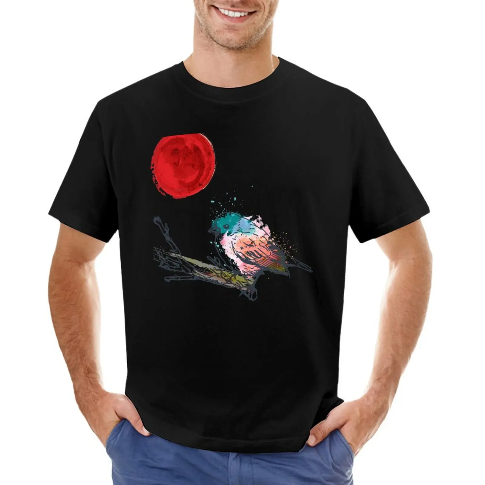 Colourful Art Bird On Tree and Japanese Red Moon Style T-Shirt sports fans cute tops street wear men t shirt