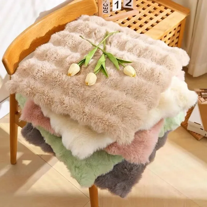 1PC Solid Color Bubble Fleece Rabbit Hair Seat Cushion Winter New Chair Thickened Warm Pad Dining Chair Office Household Goods