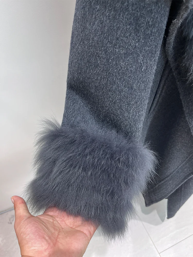 2025 New Women Winter Jacket Natural Fox Fur Collar Long Wool Woolen Coat Ladies Outerwear Streetwear