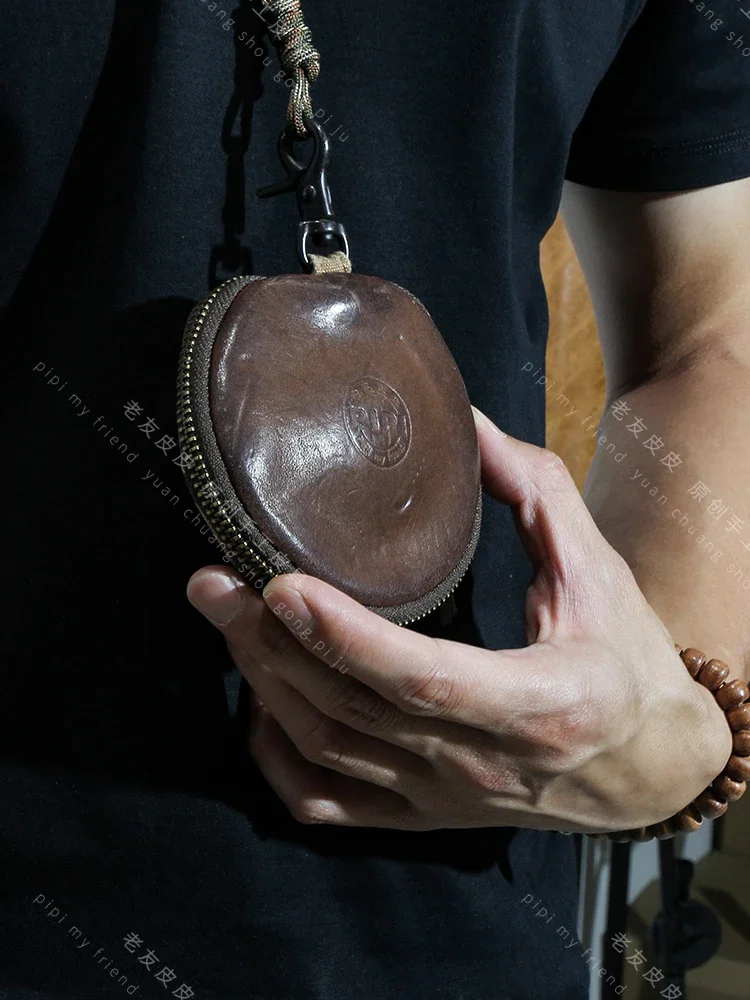 First Layer Cowhide Card Holder Washed Oil Wax Leather Key Case Retro Leather Storage Bag