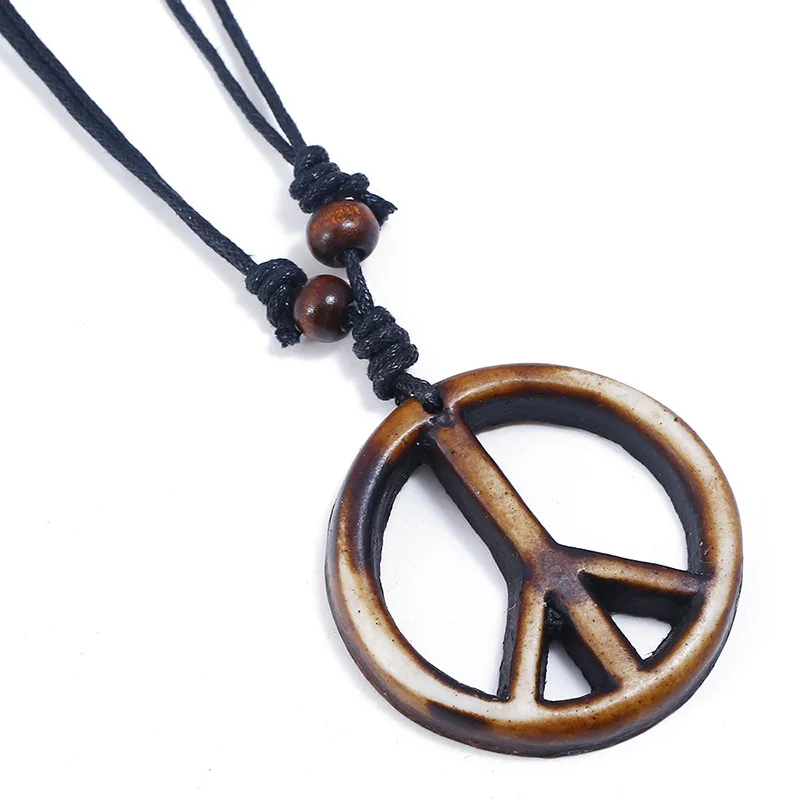 Unisex Friedens zeichen Halskette, Harz Friedens symbol Anhänger Halskette, verstellbare schwarze Kordel, Hippie Boho Stil 60er bis 70er Jahre Look Schmuck