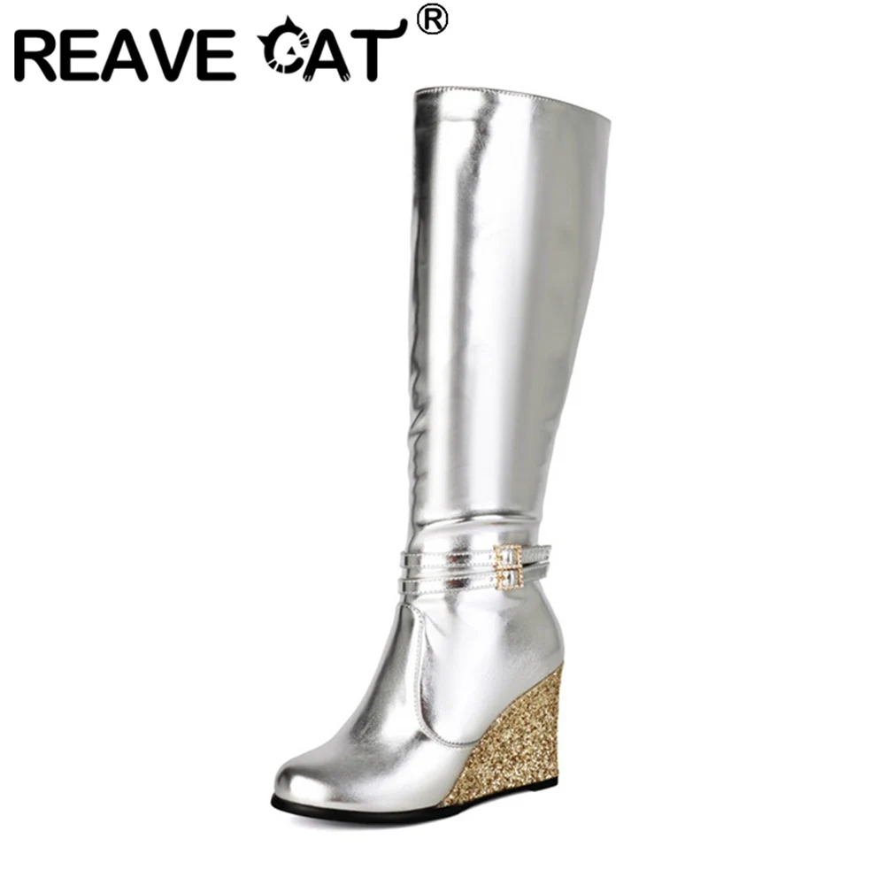 REAVE CAT Fashion Women Knee Boots 10cm Wedge Heel Zipper Party Small Big Size 33 43 Black White Silver Gold Party Round Toe - view 6