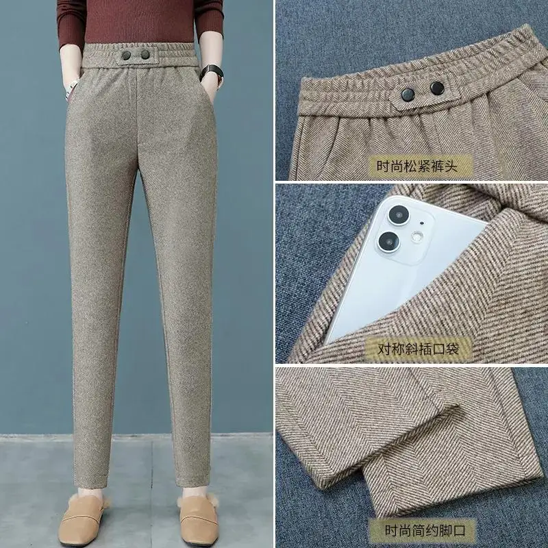 Korean Fashion Autumn Winter Woolen Pants Women Clothing Elastic Waist Solid Pockets Button Casual All-match Slim Haren Trousers