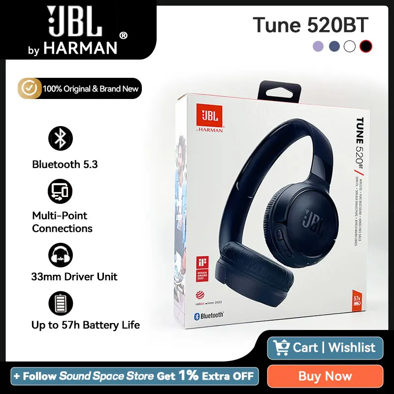 JBL Tune 520BT T520BT 100% Original Wireless Bluetooth 5.3 Headphone Multi-Point Connection Headset Support Siri Goole Assistant